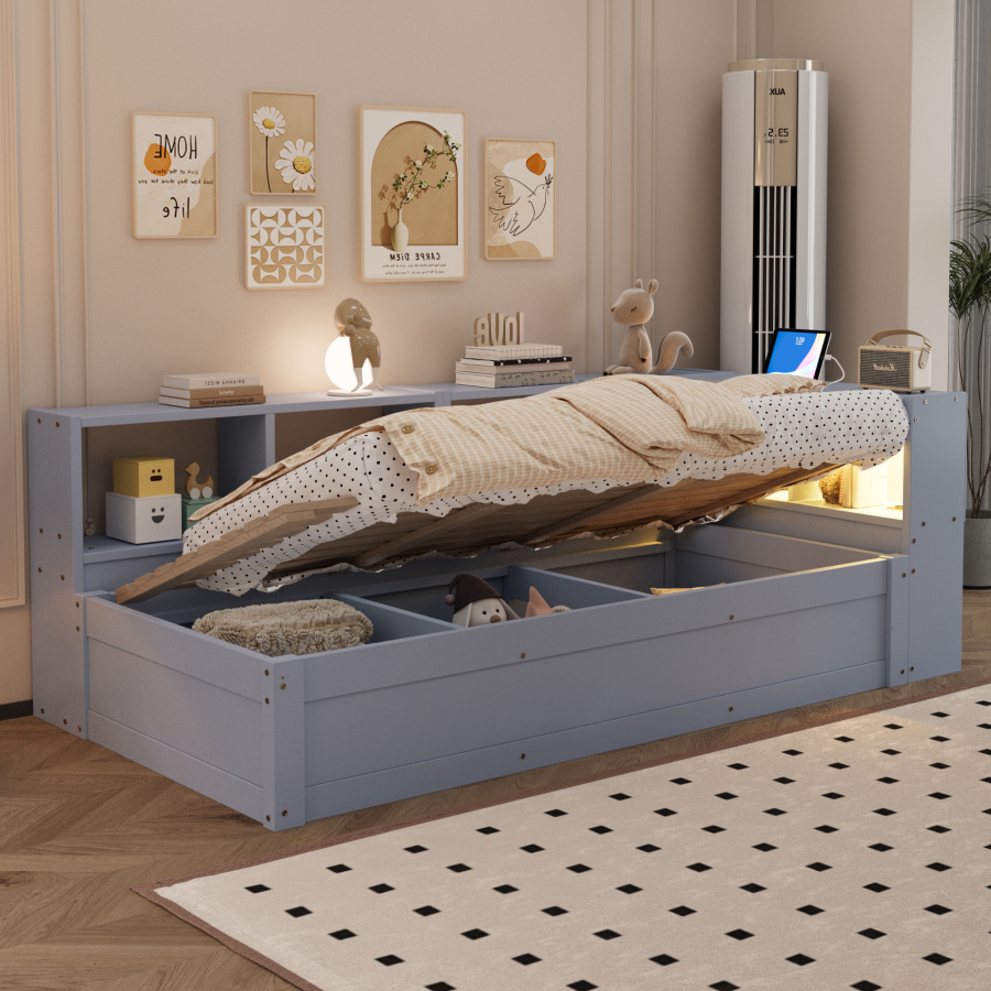 Cama multifuncional 90x200 cm con LED, enchufe y almacenaje mdf