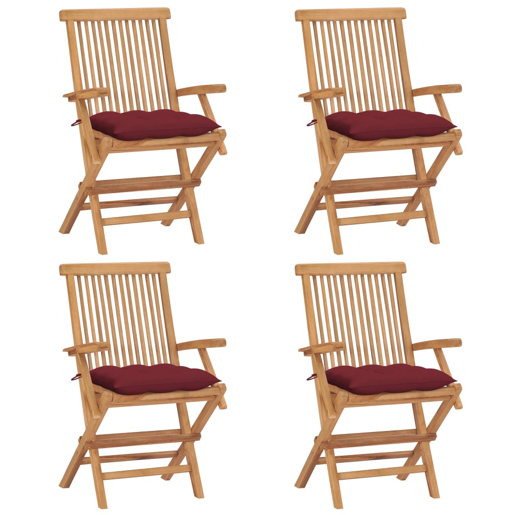 vidaXL sillas de jardín 4 uds madera teca con cojines rojo tinto