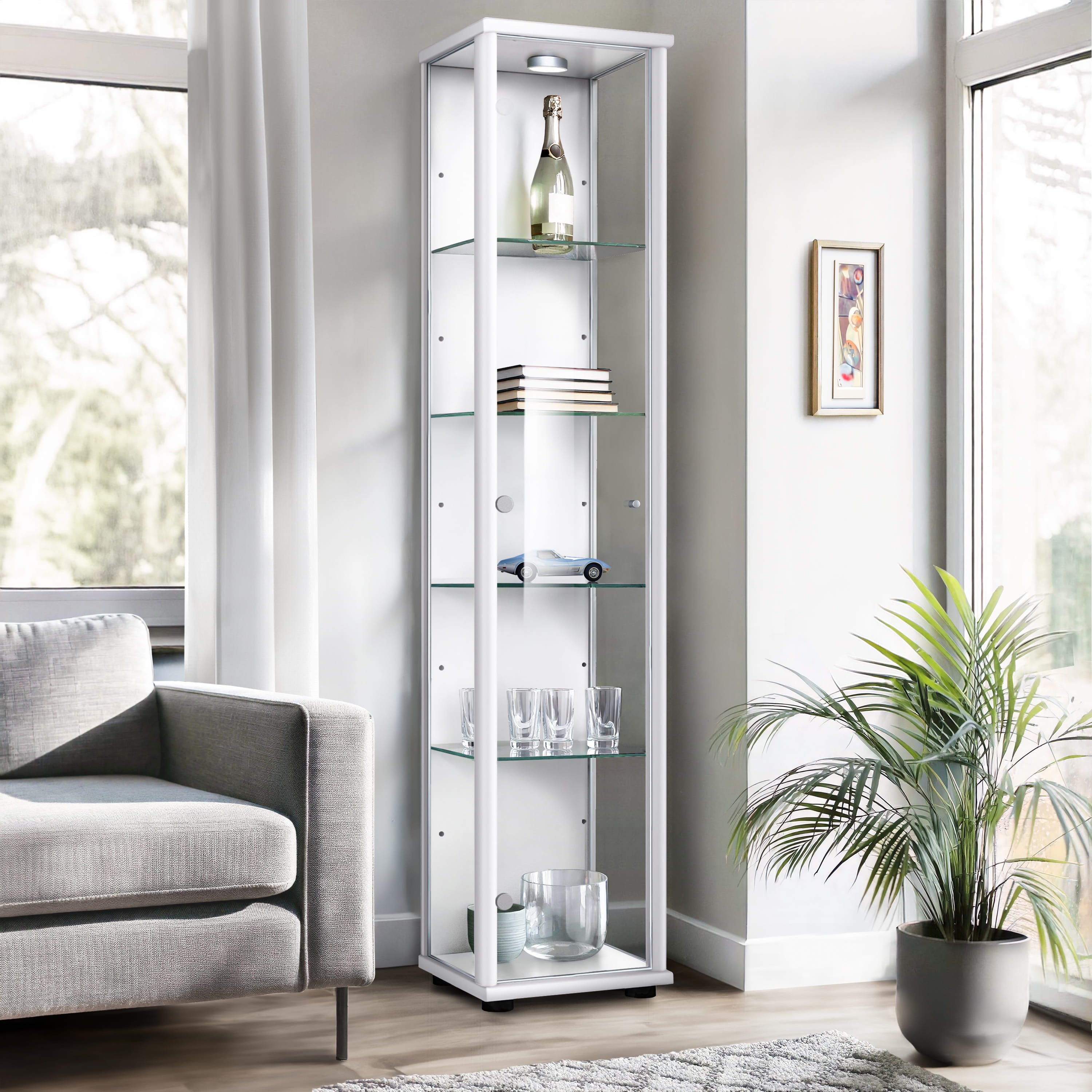 K-möbel vitrina cristal blanco 176x37x33 cm 4 estantes regulables, LED
