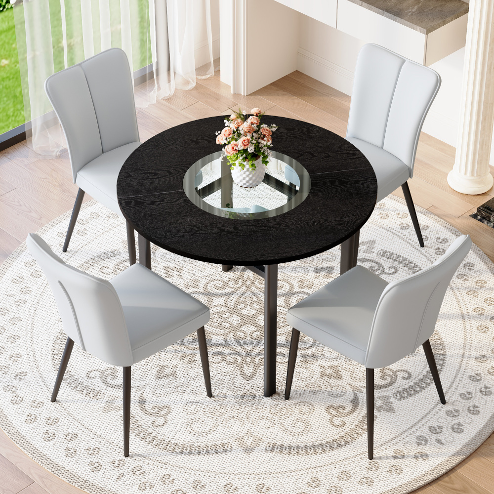Mesa de comedor redonda 4 sillas madera negra gris claro 100cm
