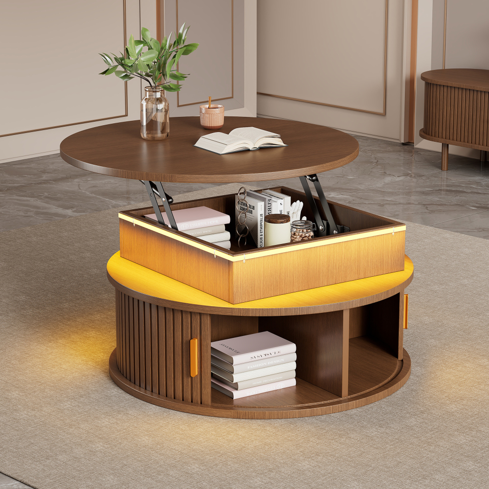 Mesa de centro elevable con LED mdf nogal 52x75x75cm