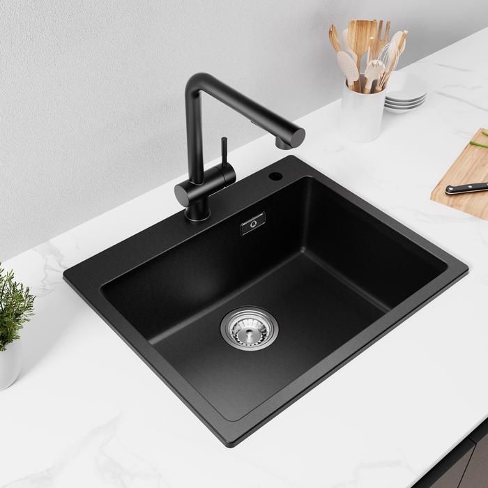 Fregadero de cocina negro de granito 55x45cm - fregadero de 1 tazón con con