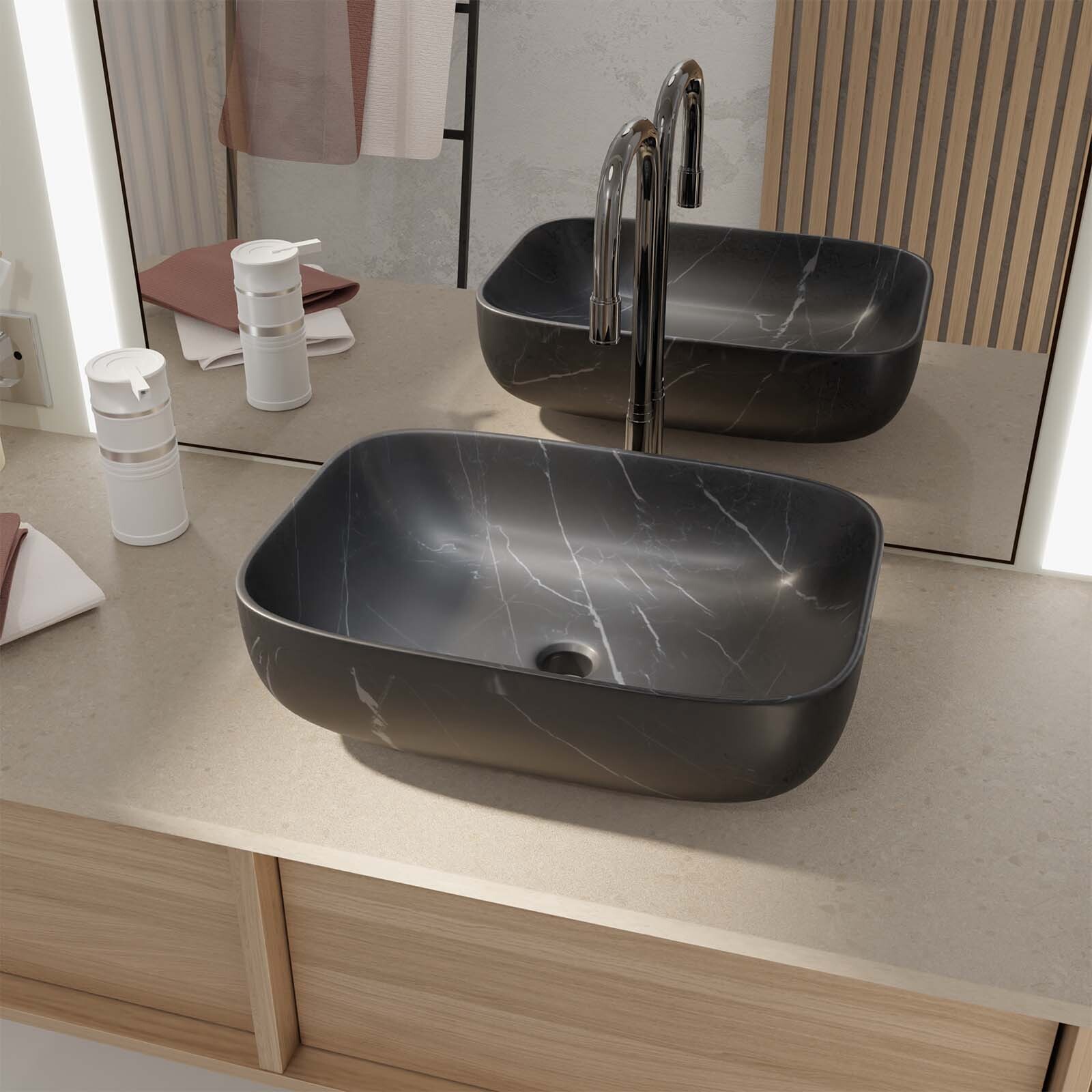 Lavabo rectangular de cerámica negra mate efecto mármol 46x32x13.5 cm