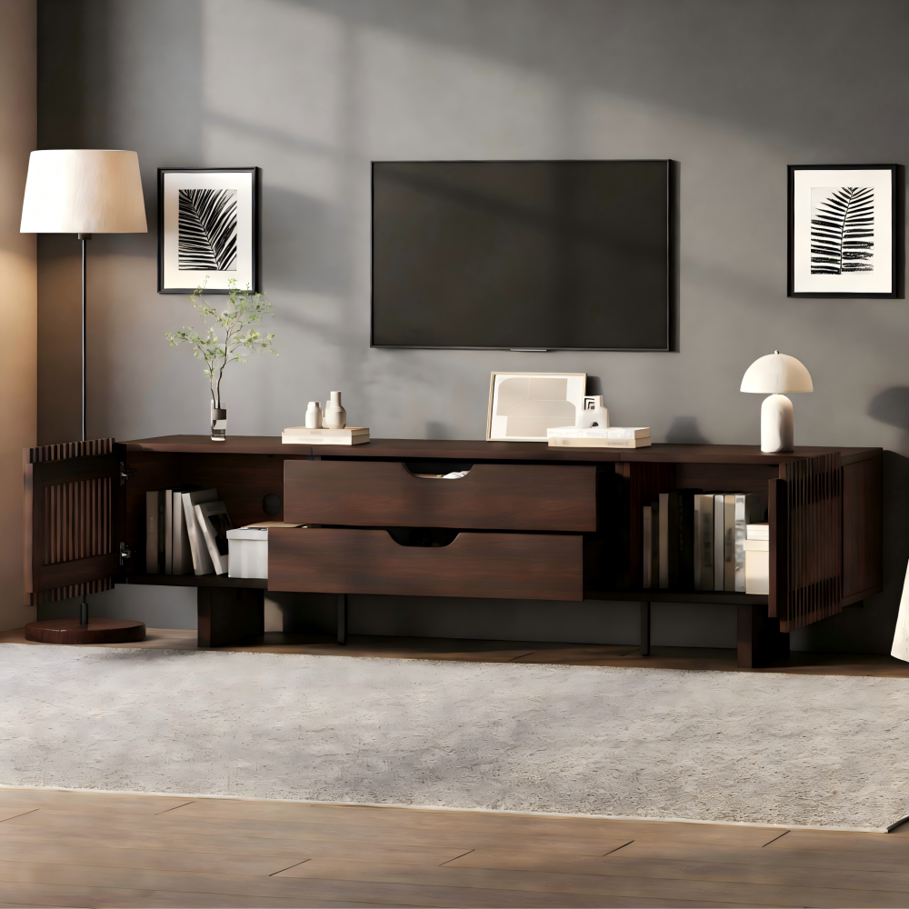 Mueble de tv con 2 cajones y 2 puertas listonadas nogal oscuro 45x180x40cm
