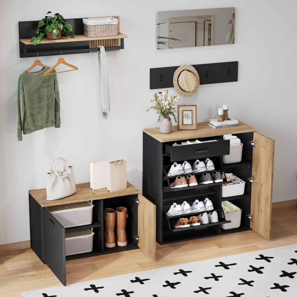 Mueble recibidor 2 zapateros banco espejo perchero 85x165x36cm