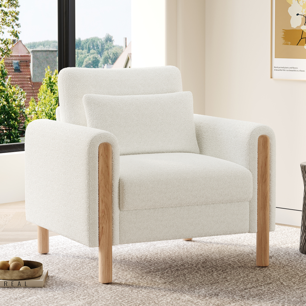 Sillón individual teddy blanco con cojín grueso y reposabrazos