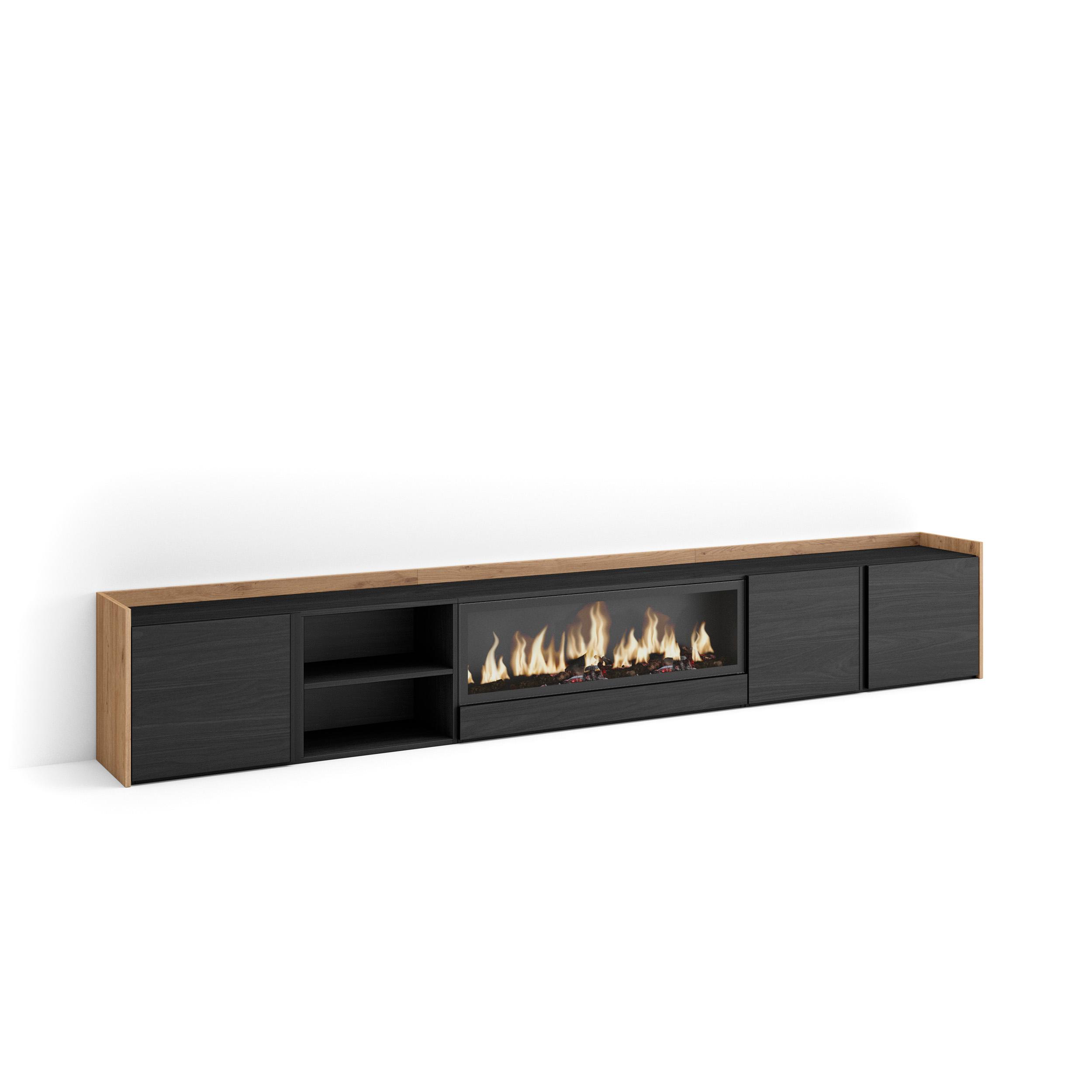 Mueble tv, 315x35x50cm, negro y roble, chimenea eléctrica xxl rf4617