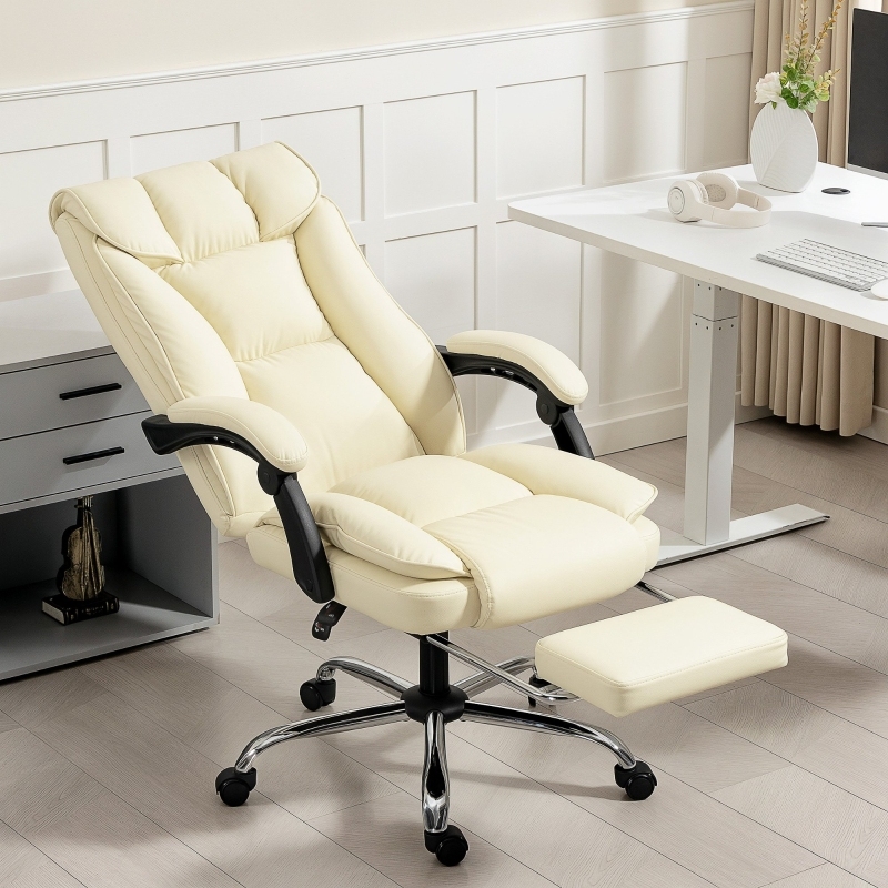 Silla oficina ergonómica piel sintética beige con reposapiés