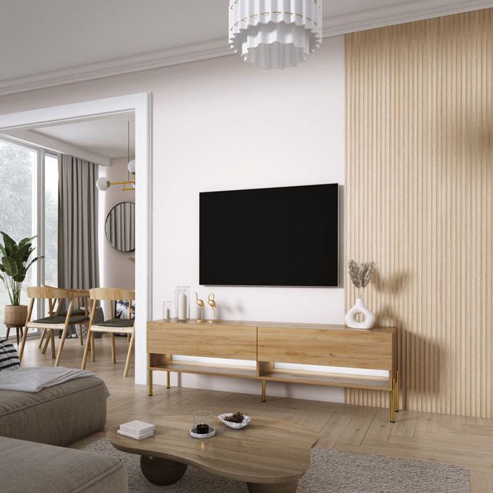 Mueble tv - roble craft - patas doradas - LED blanca - 170x32x52