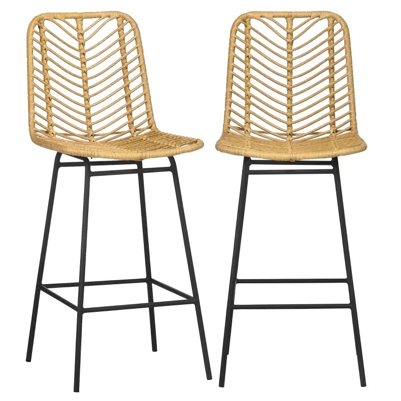 Taburetes Altos de Cocina Juego de 2 con Asiento de Ratán Sintético
