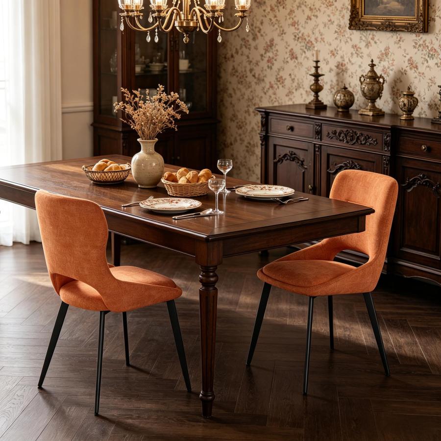 Silla de comedor chenilla naranja con patas metálicas set de 2
