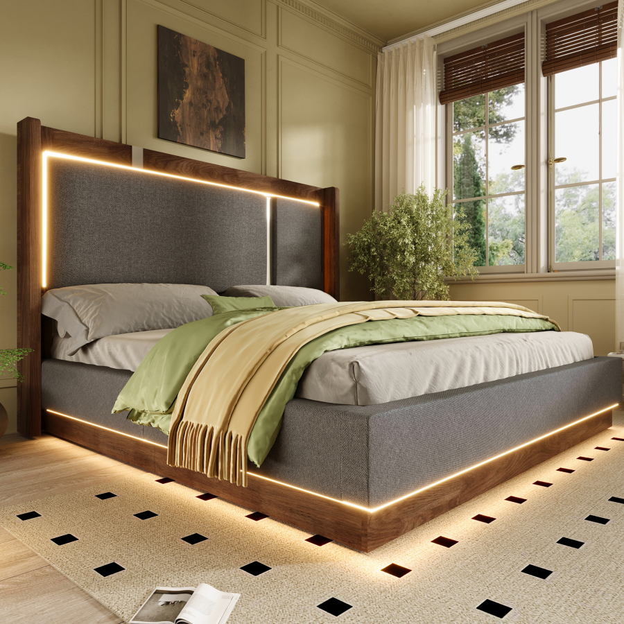 Cama tapizada 160x200 cm con LED y canapé de lino y madera – gris y nogal