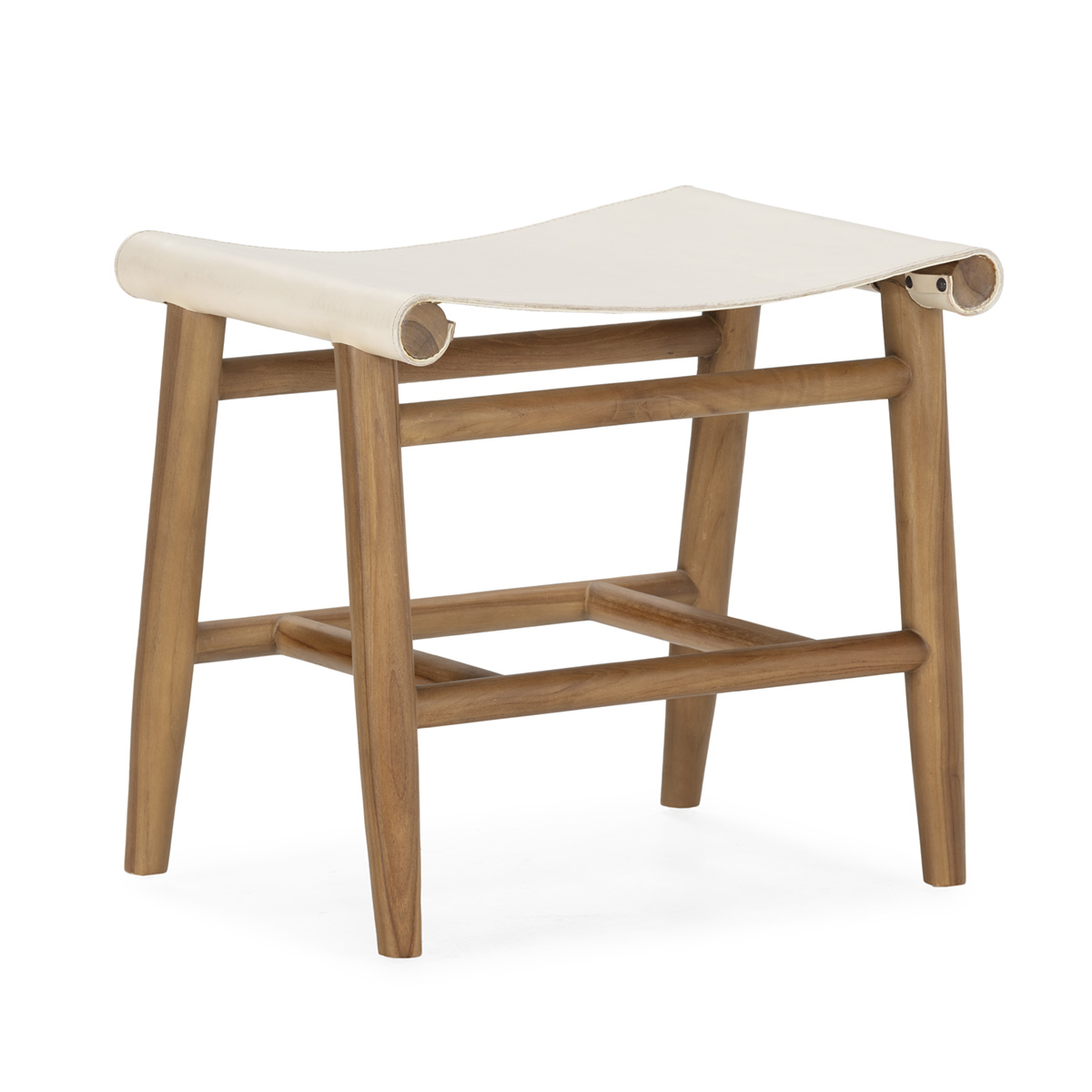 Taburete 50x35x45 madera de teca natural, cuero blanco