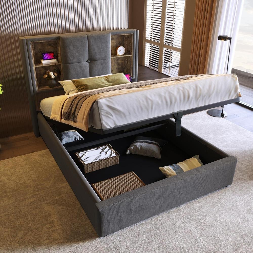 Cama acolchada 90x200 cm con cargador inalámbrico, usb c, gris
