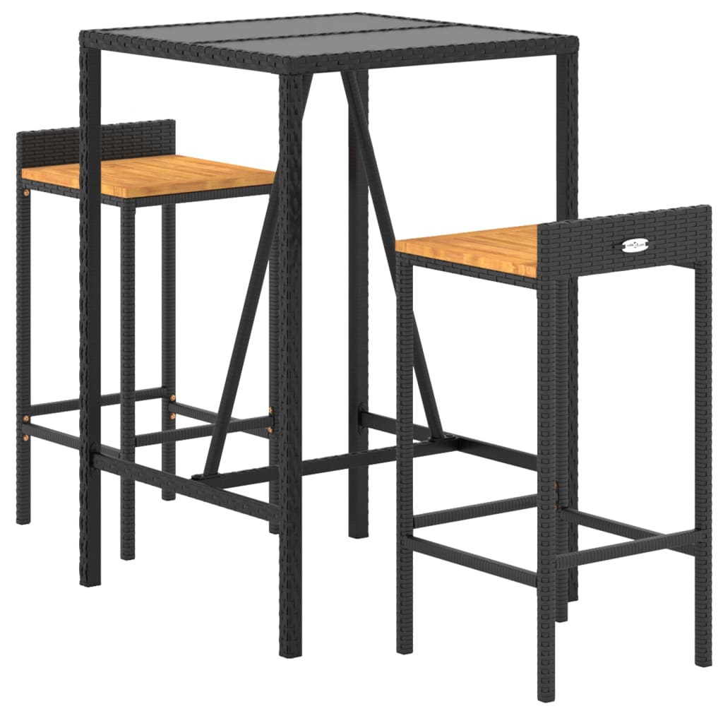 vidaXL mesa bar y taburetes jardín 3 pzas madera acacia ratán pe negro