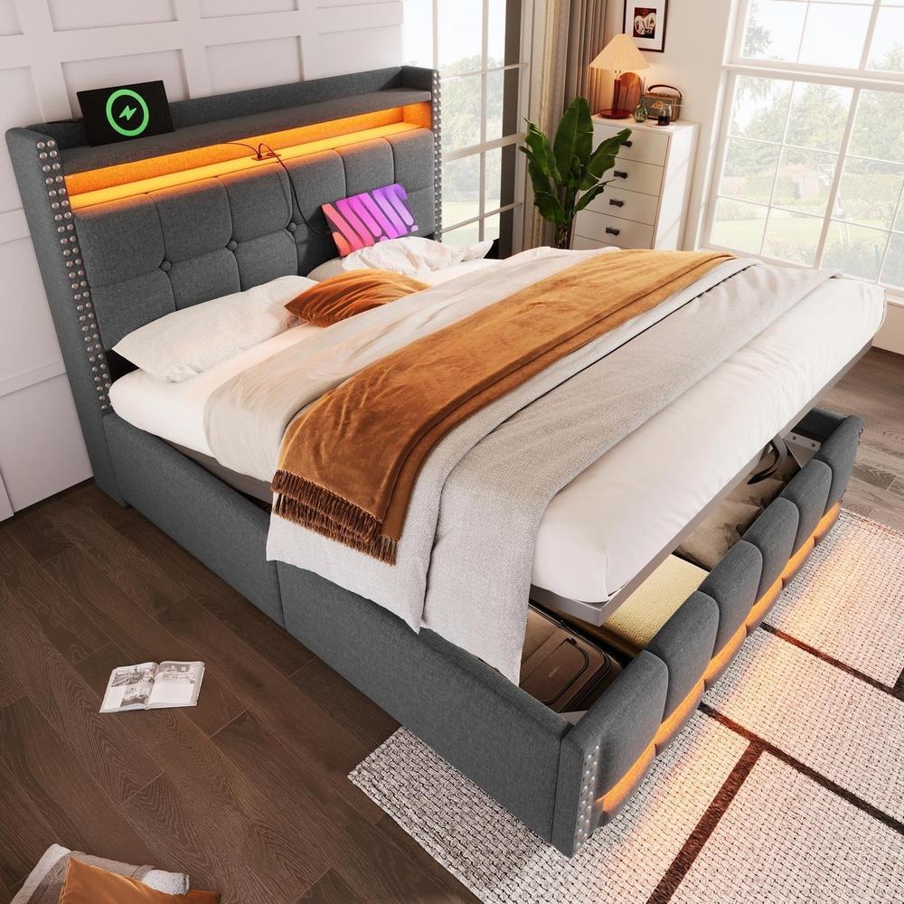 Cama doble con almacenaje LED usb 160x200cm somier hidraulico gris
