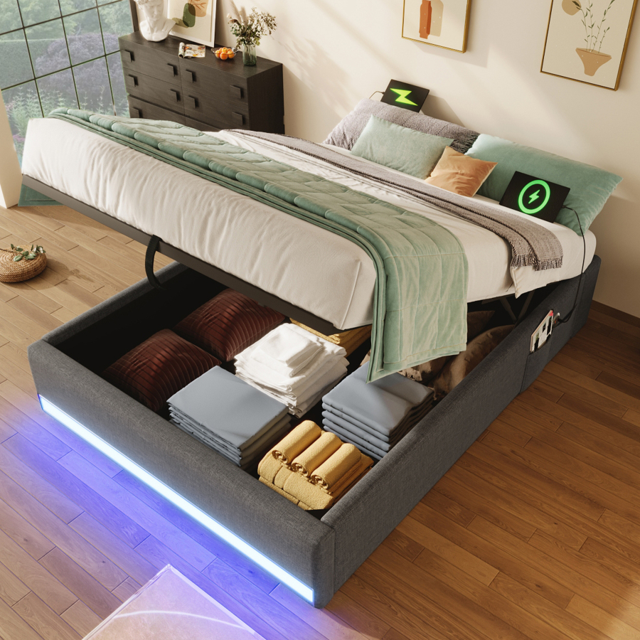 Cama individual 90x200cm con canapé, LED y usb-c, lino gris sin cabecero