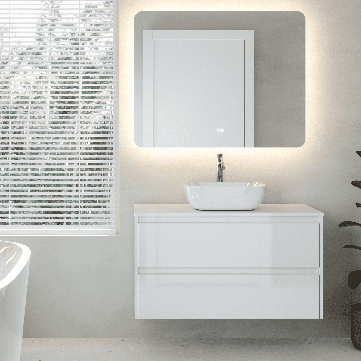 Mueble de baño| lavabo sobreponer | mueble 2 cajones | 100 cm blanco brillo