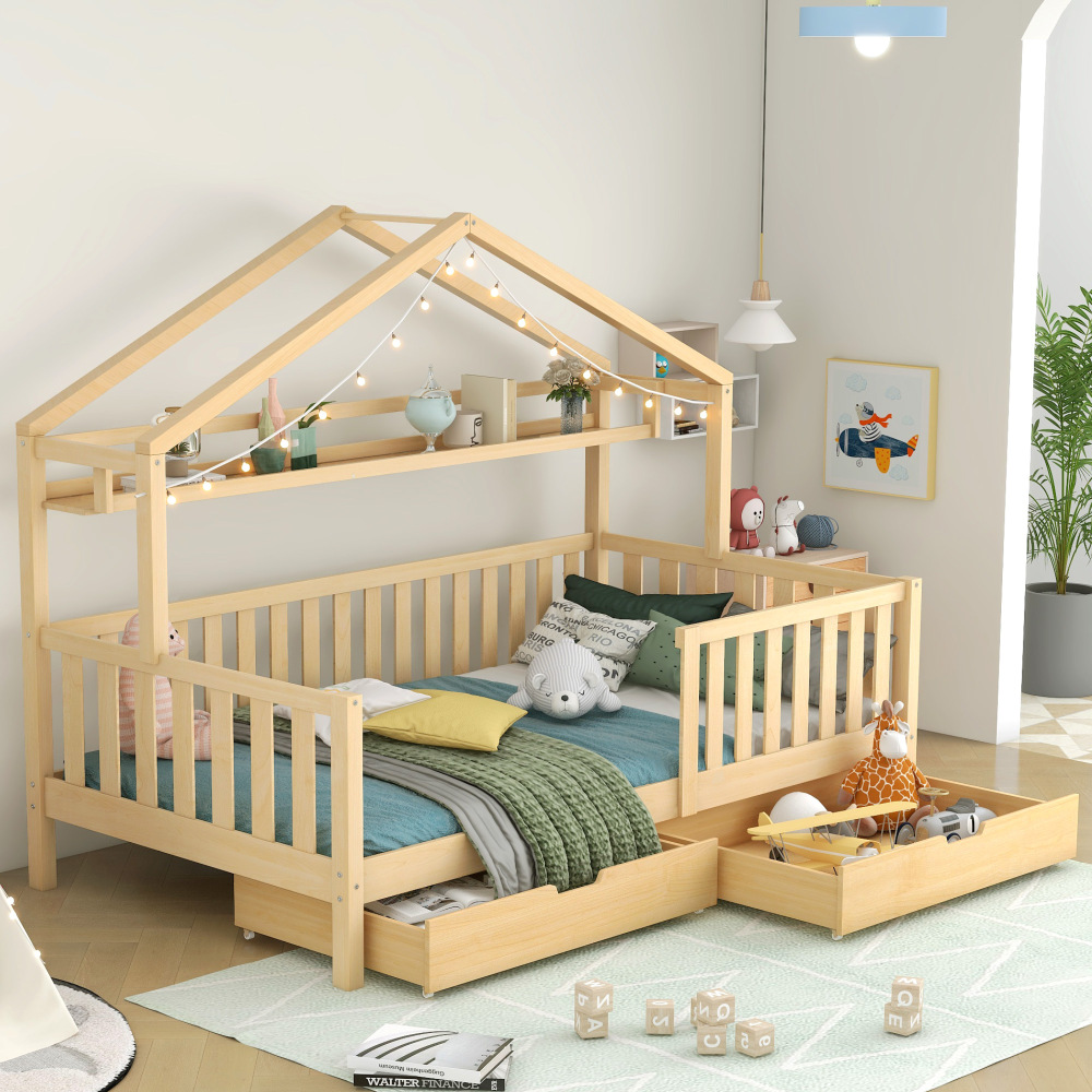 Cama infantil casita 90x200cm con 2 cajones madera maciza y mdf – natural