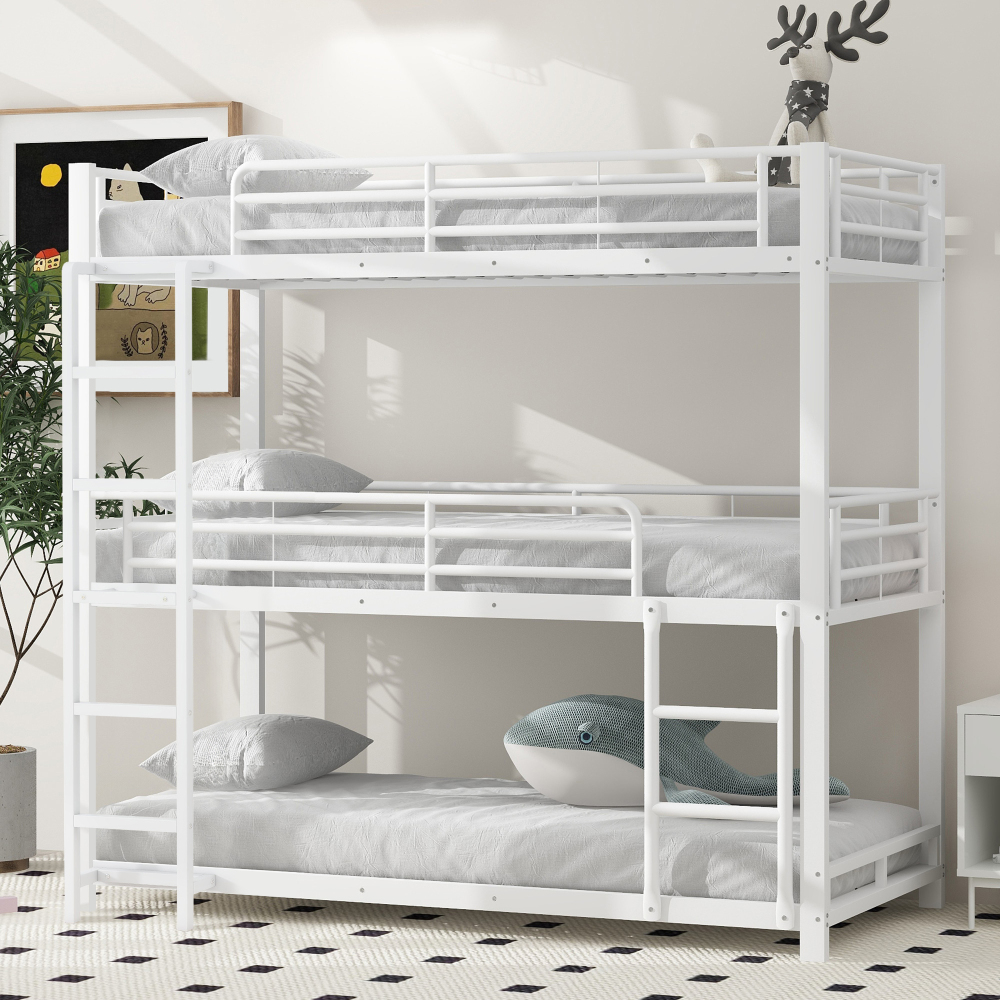 Litera triple 90x200 cm con barandillas y escalera metal – color blanco