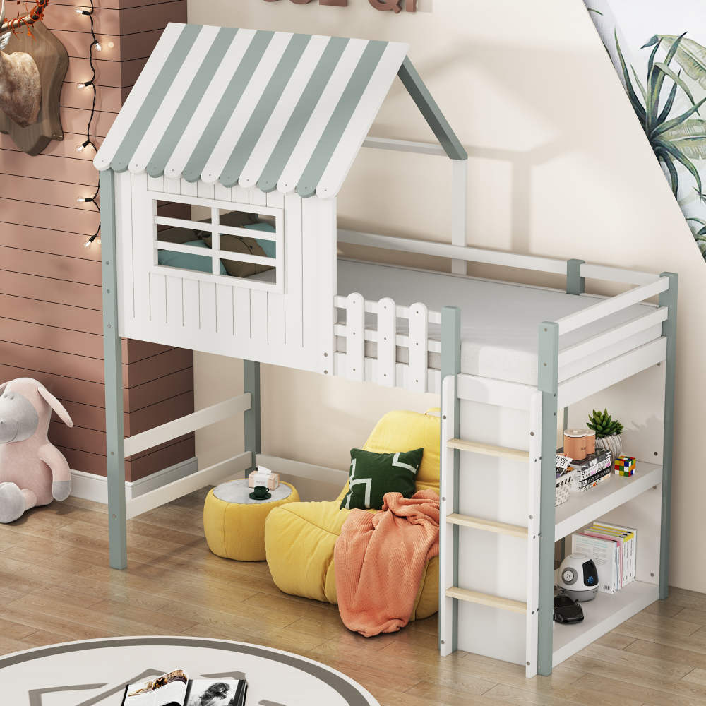 Cama alta 90x200cm con estante y escalera madera maciza y mdf – verde