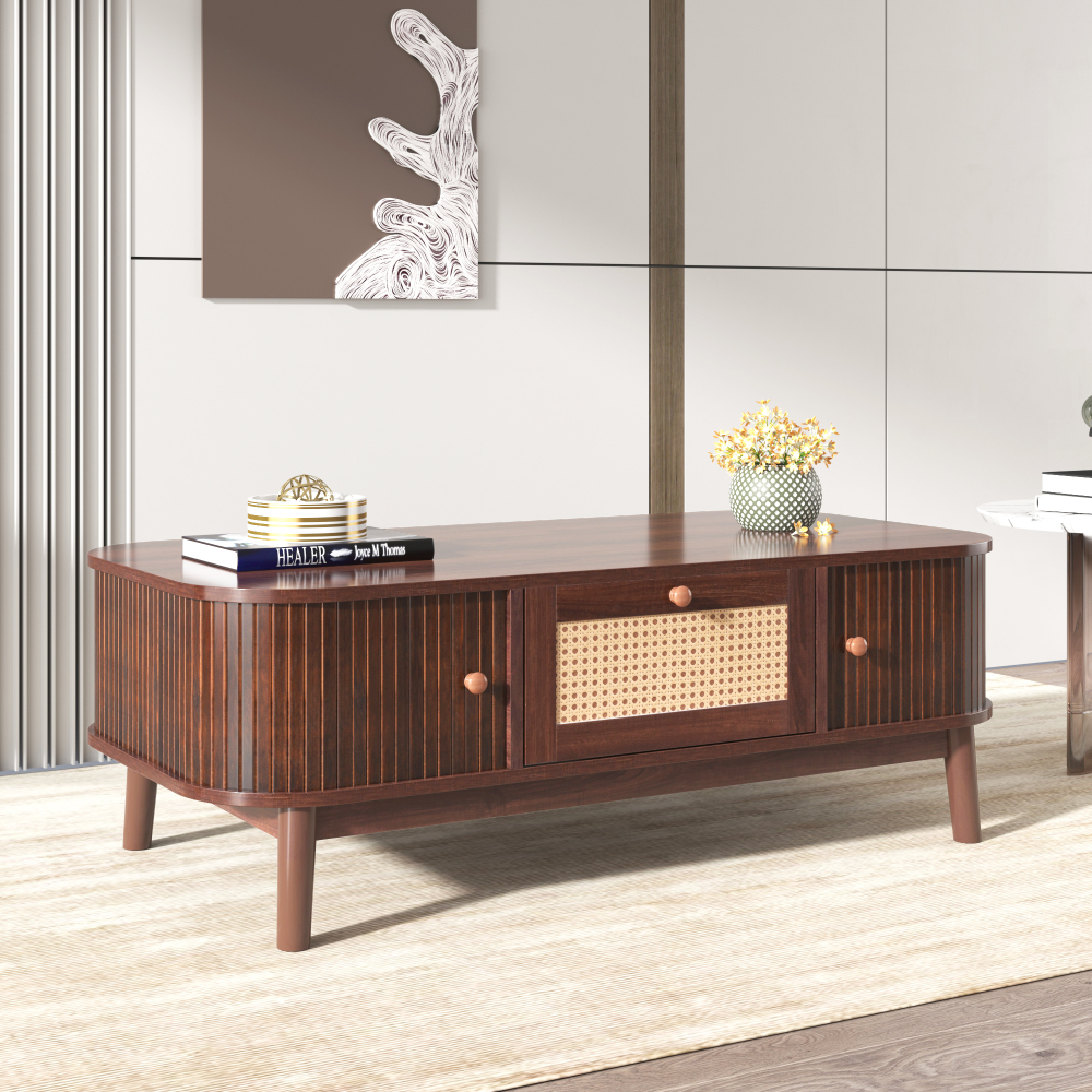Mesa de centro con cajones y puertas correderas mdf natural 38,5x110x55cm