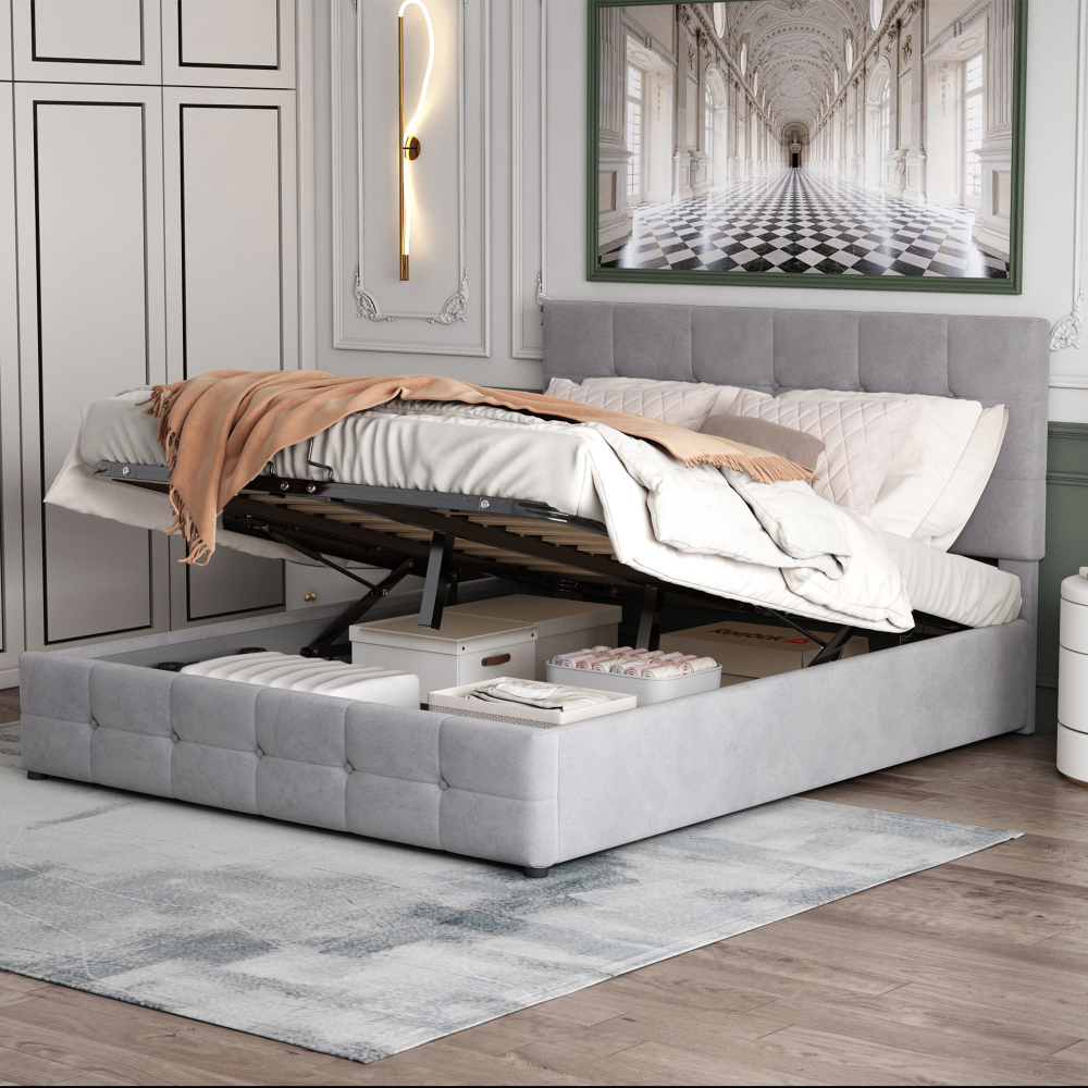 Cama tapizada 140x200 cm con canapé y cabecero ajustable terciopelo – gris