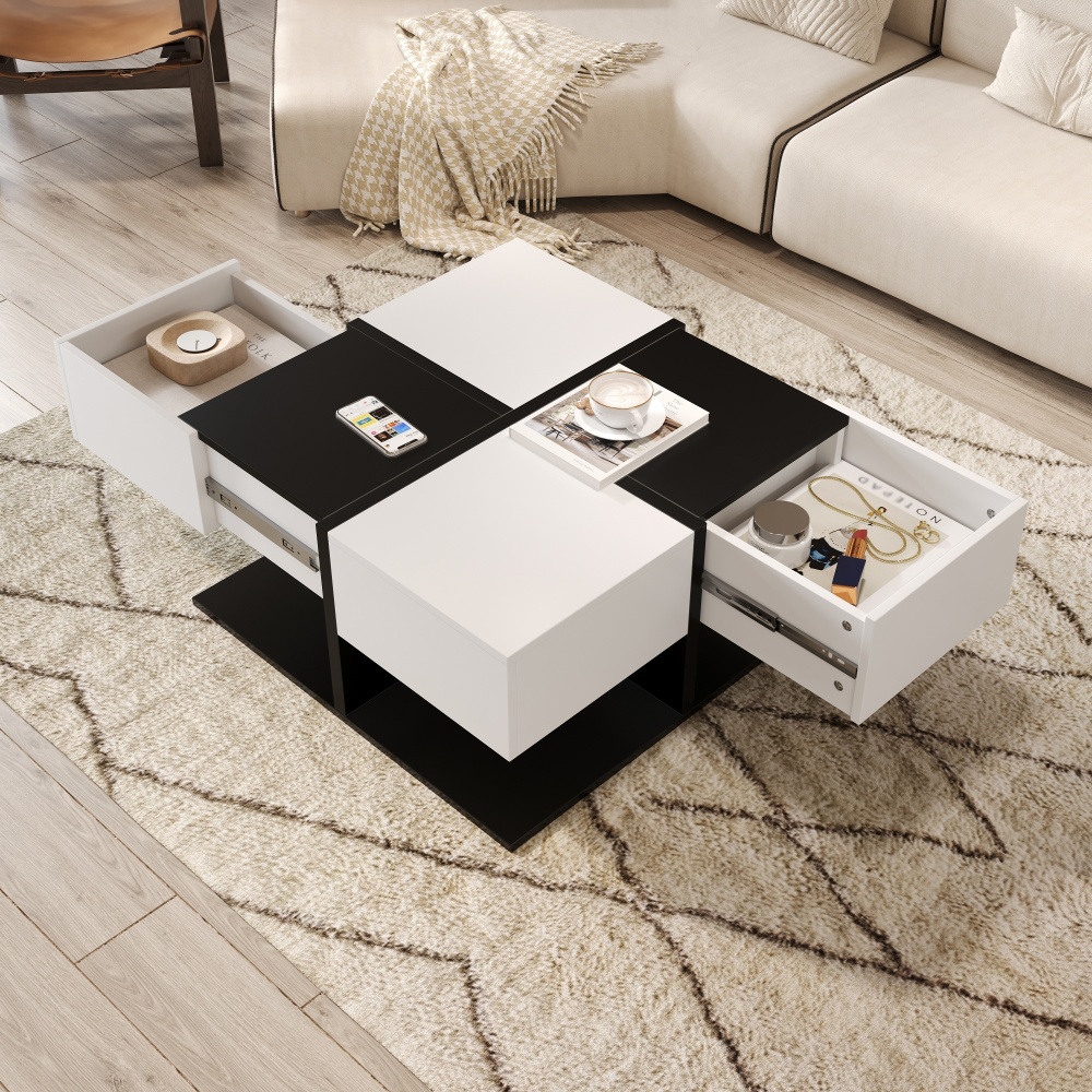 Mesa de centro cuadrada con 2 cajones blanco y negro 35,5x70x70cm
