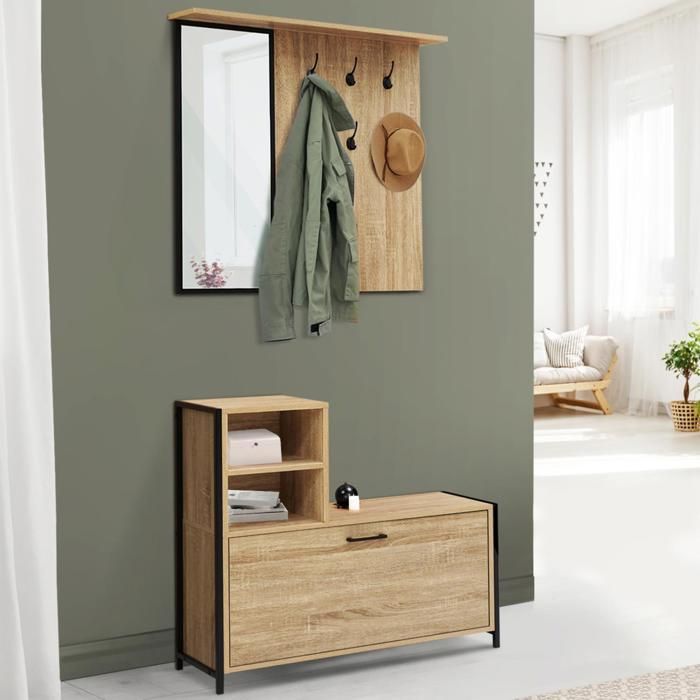 Vestíbulo de entrada con espejo - madera negra - 80 cm