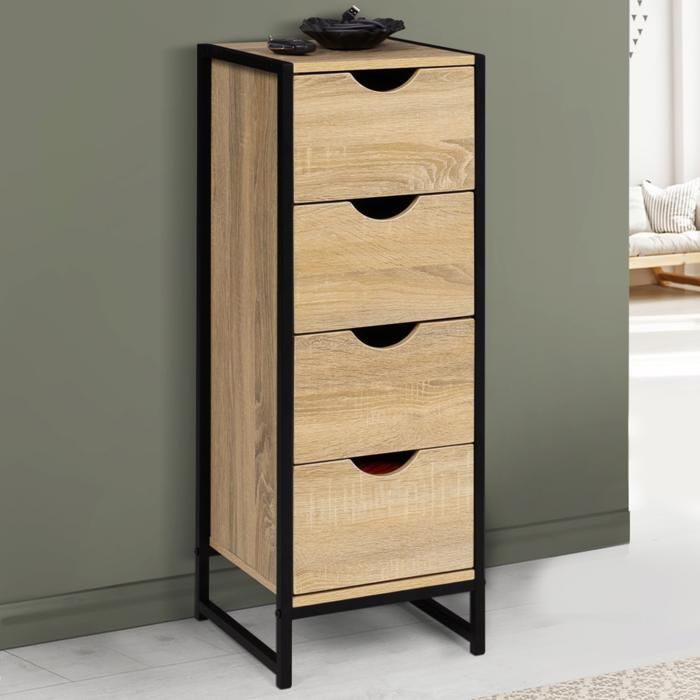 Cómoda industrial de madera y metal negro, 4 cajones, 30 cm
