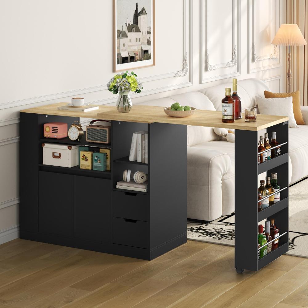 Isla de cocina giratoria extensible 2 cajones negro+natural 92x115x50cm
