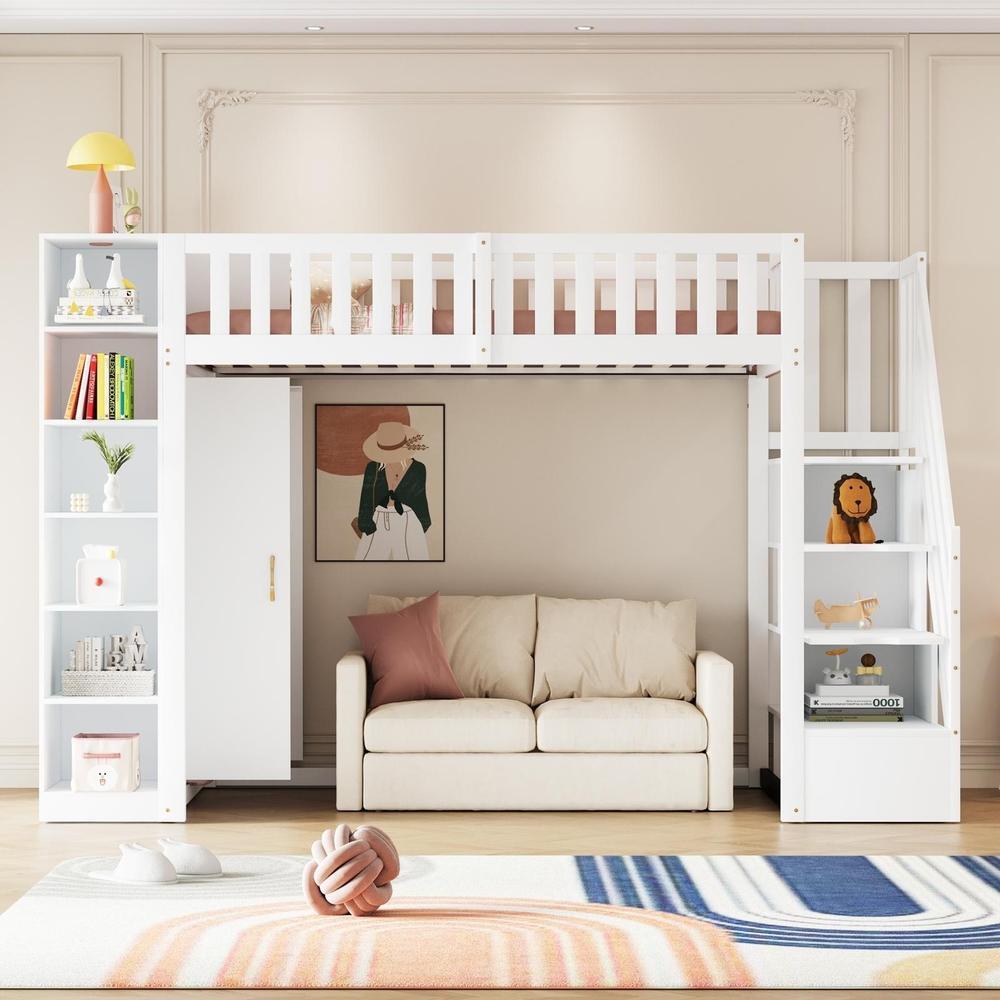 Cama alta 90x200 de madera con armario, estantes y escalera