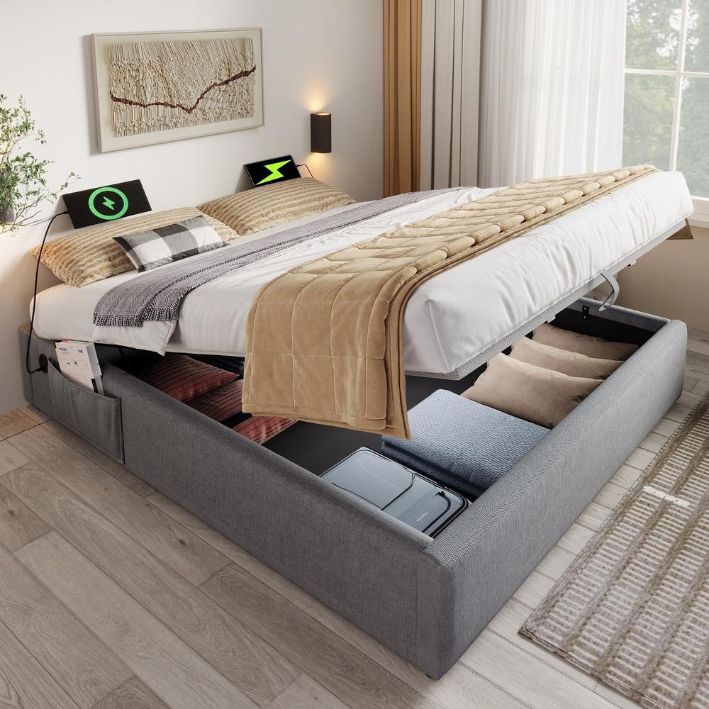 Cama doble 140x200 cm con almacenamiento hidráulico, usb-c, gris