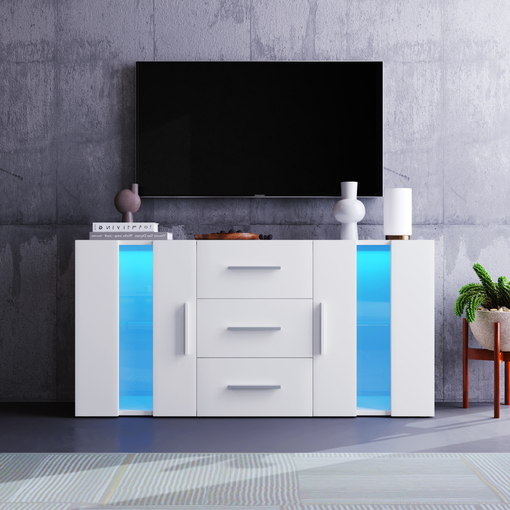Aparador con LED para salón comedor 2 puertas 3 cajones blanco 70x140x35cm