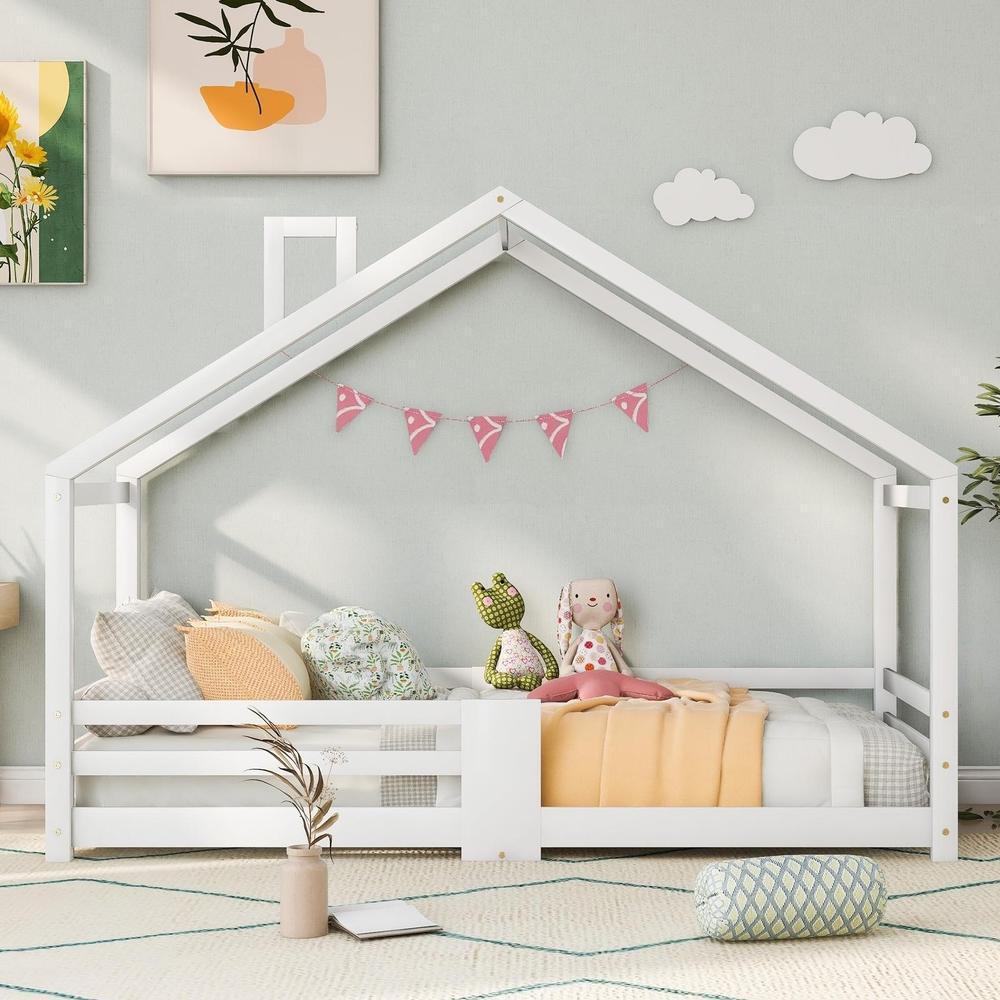 Cama infantil casa 90x200cm con chimenea barreras y lamas pino blanco