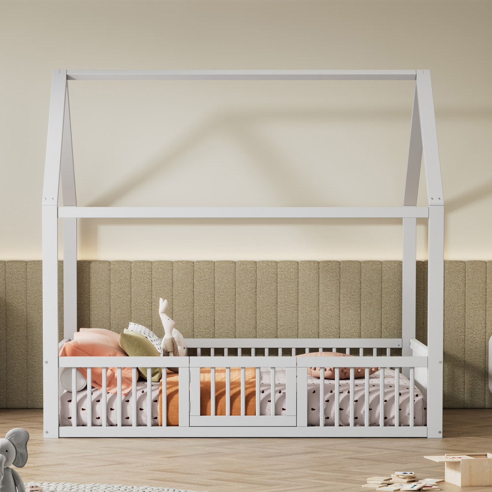 Cama casita infantil 140x200cm con barandillas y puerta pino y mdf – blanco