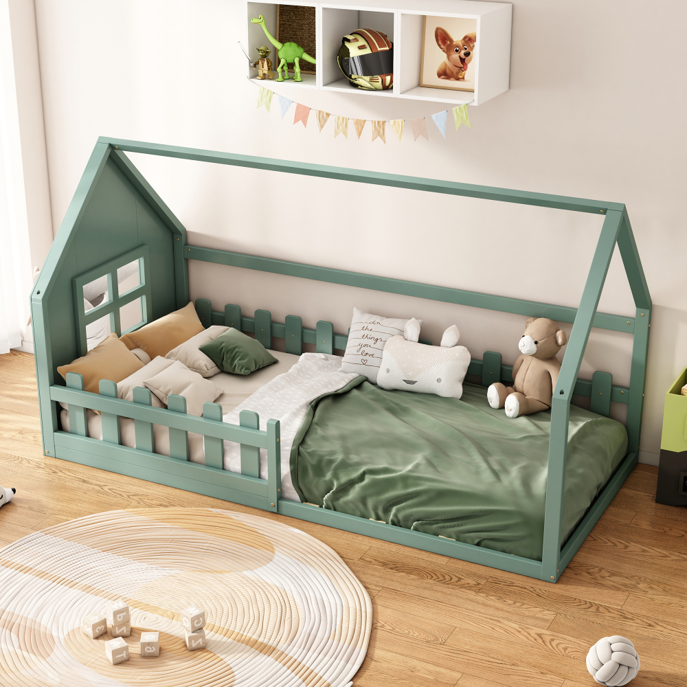 Cama infantil 90x200 cm en forma de casa madera de pino y mdf – color verde