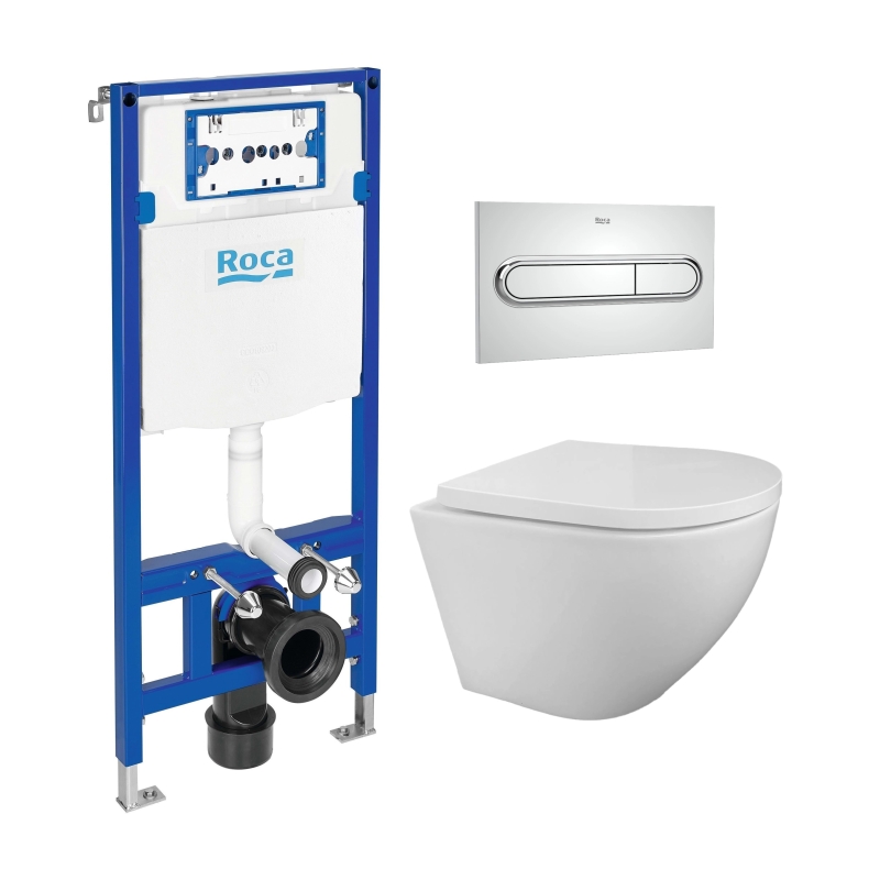 Pack cisterna roca duplo y pulsador pl1 cromo br con inodoro round de kp