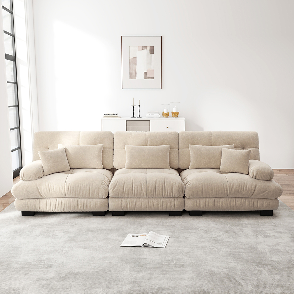 Komhtom,sofá, tres plazas, terciopelo, beige