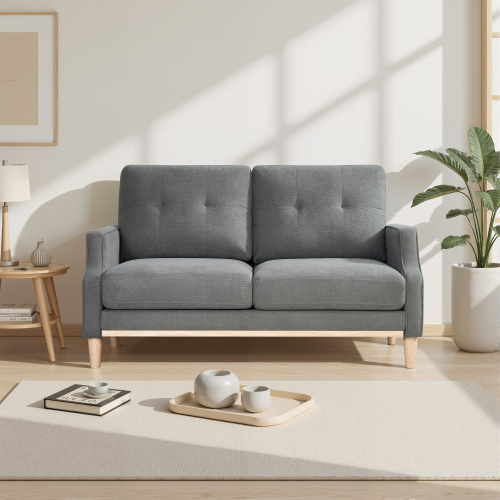 Sofá 2 plazas de tela gris oscuro con puerto de carga usb y patas de madera