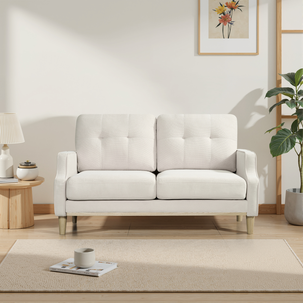 Sofá 2 plazas de tela beige con puerto de carga usb y patas de madera