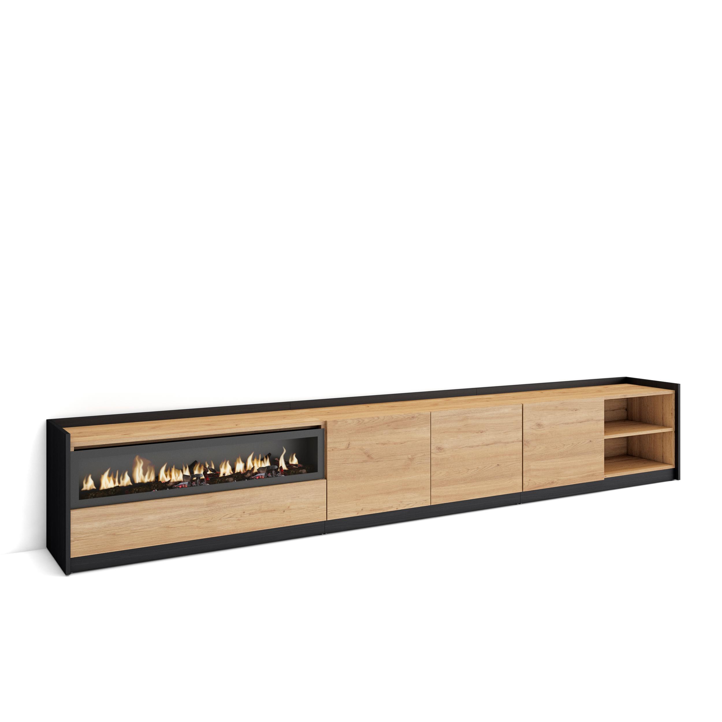 Mueble tv, 310x37x50cm, roble y negro, chimenea eléctrica rf4349
