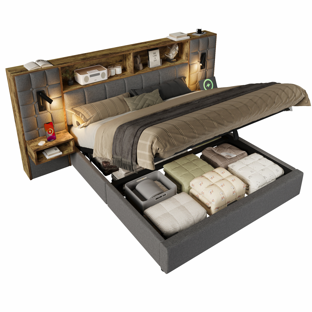 Cama tapizada 180x200cm con almacenaje LED mesitas carga usb tipo c lino