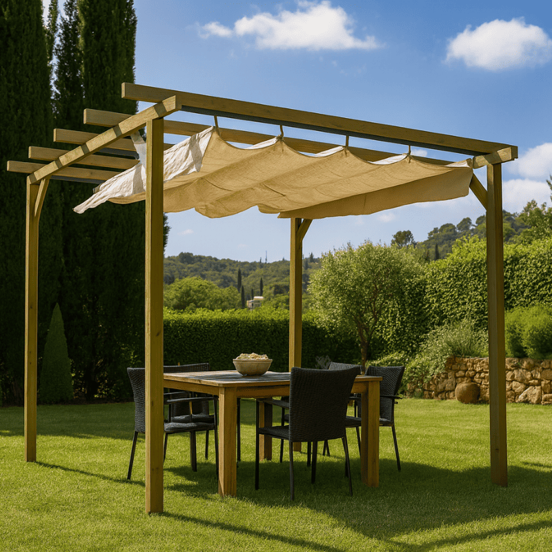 Pérgola madera autopontante con toldo katua vidahuerto – 270x270x240 cm.