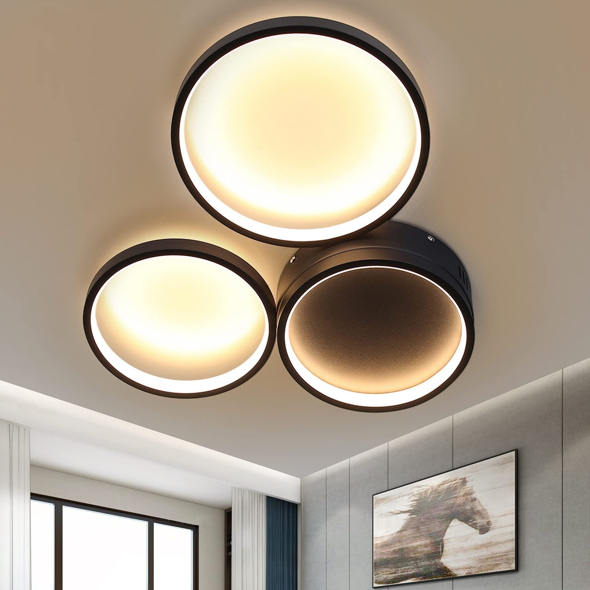 Nettlife plafón LED 22w dormitorio negro blanco cálido con 3 anillos