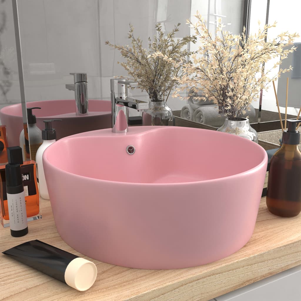 Lavabo lujo con rebosadero cerámica rosa mate 36x13 cm es4322
