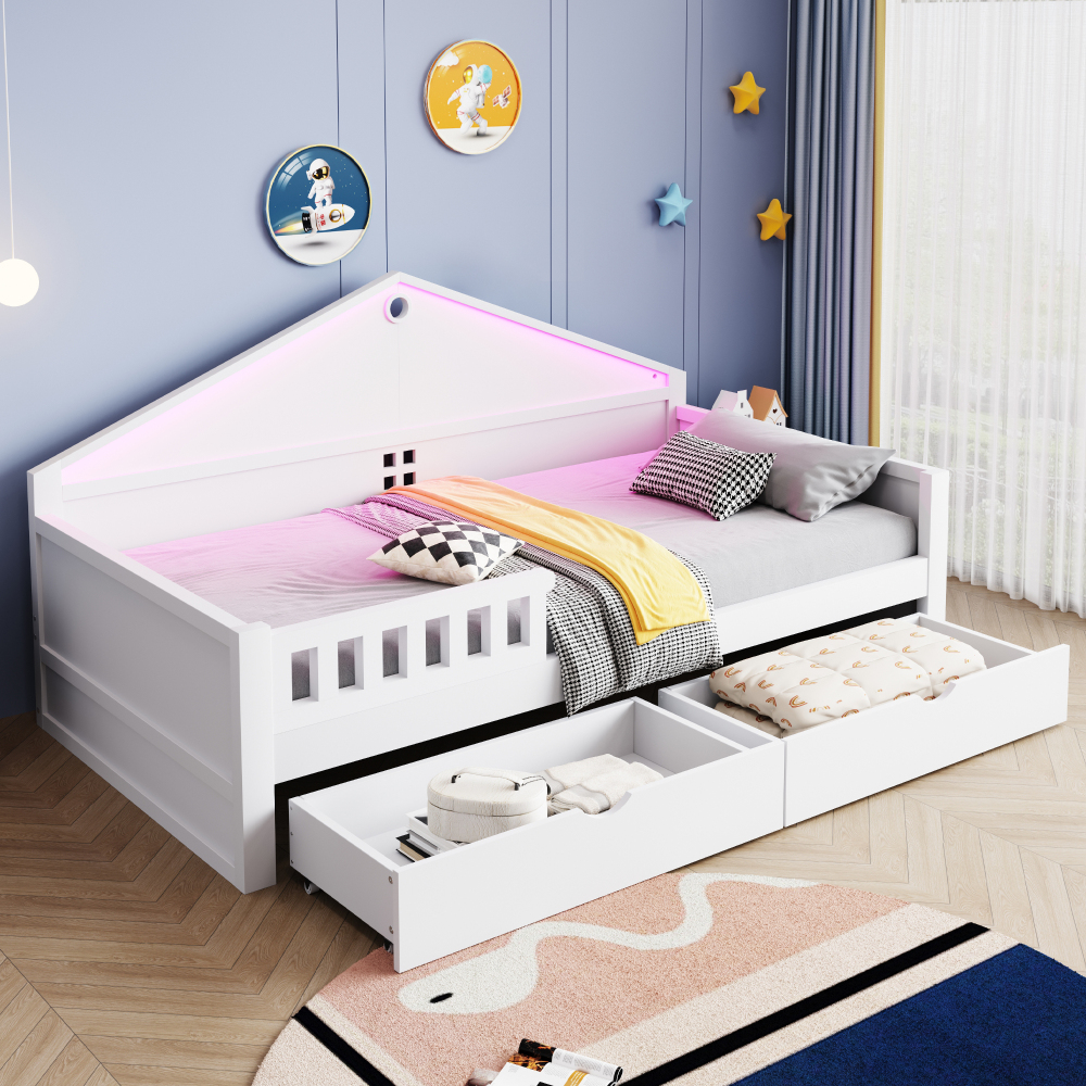 Cama individual 90x200cm con LED y cajones madera maciza y mdf – blanco