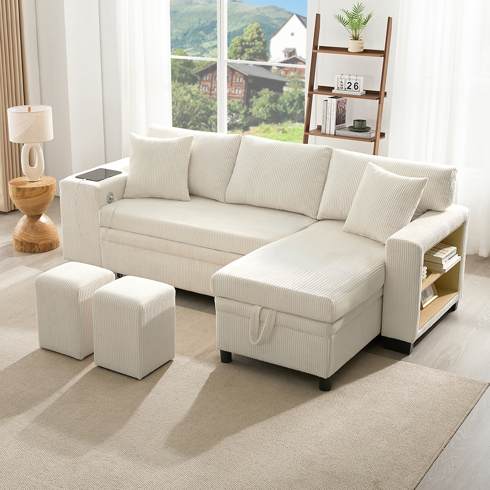 Sofá,plegable,en forma de l,beige,terciopelo.