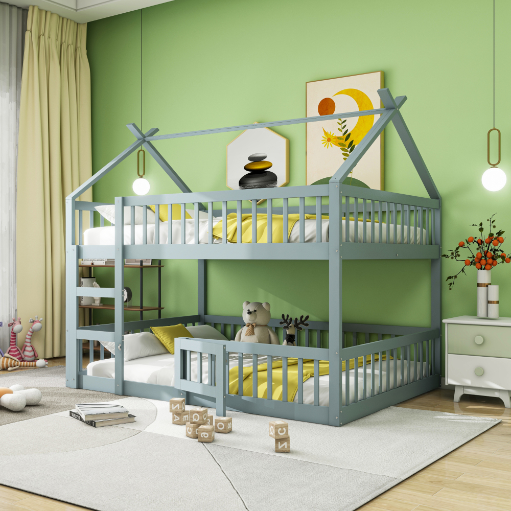 Cama alta 140x200cm con escalera y barandilla madera maciza – gris
