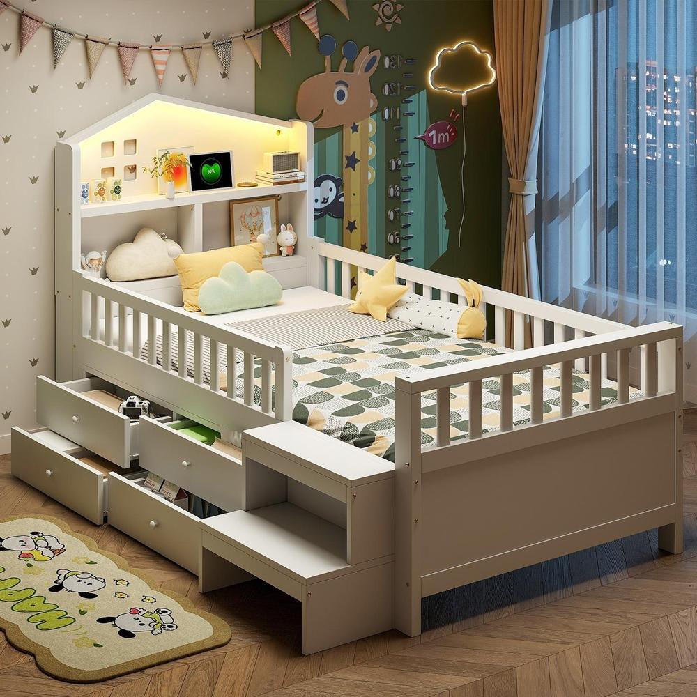 Cama infantil 90x200 blanca con 4 cajones, LED y usb-c